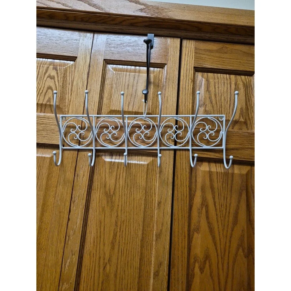 White Ornate Metal Scroll Work Wall Mount Coat Towel Rack 12 Hooks Cottage Core